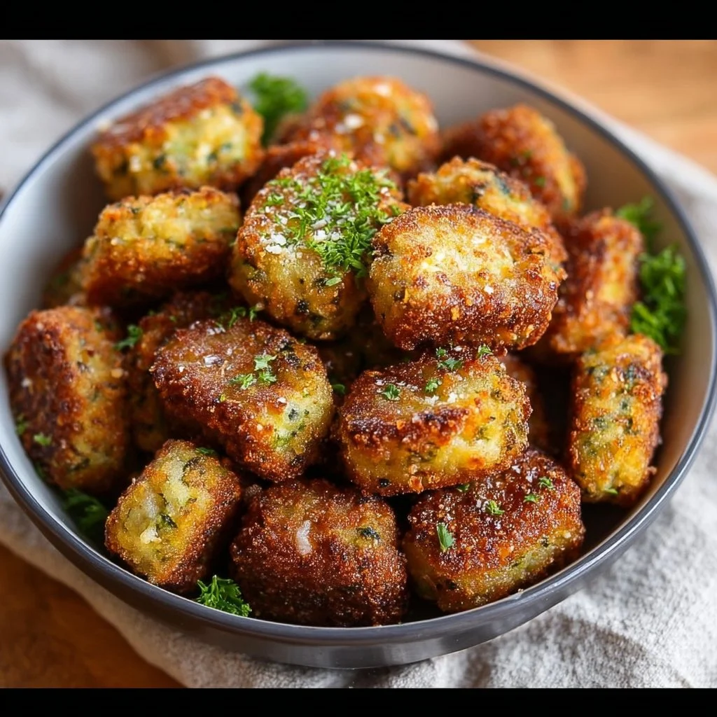 Plate of crispy baked zucchini tots served with dipping sauce