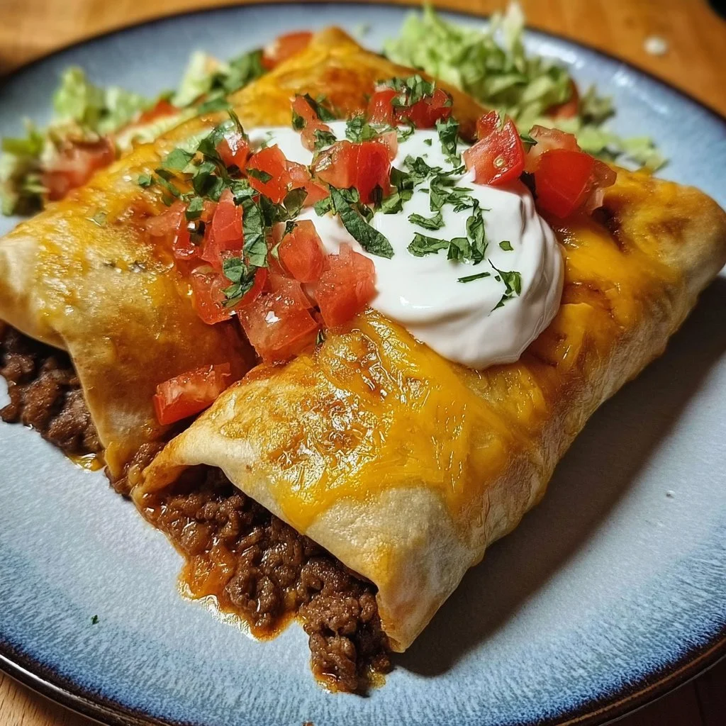 Crispy beef and cheesy chimichangas served with toppings