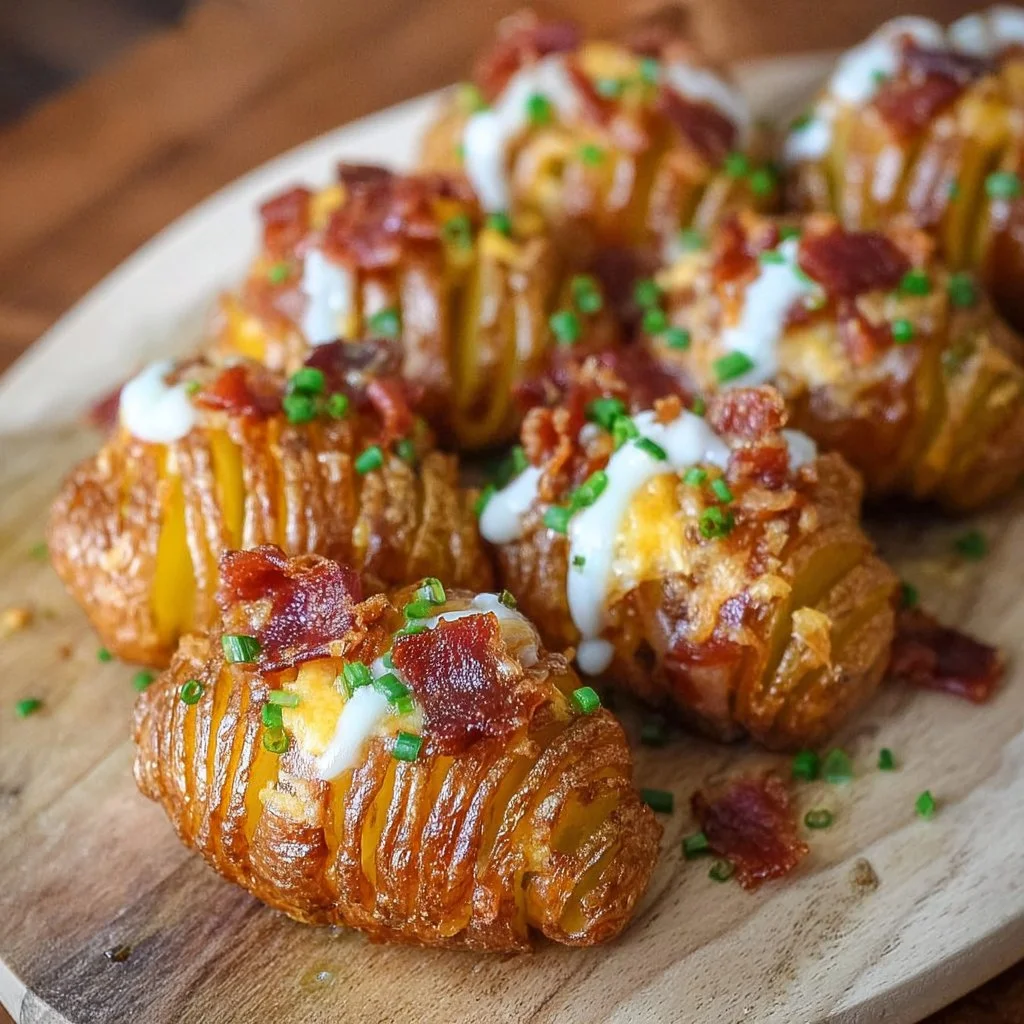 Crispy loaded Hasselback potato bites topped with cheese and herbs