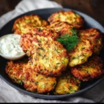 Plate of crispy zucchini fritters served with dipping sauce