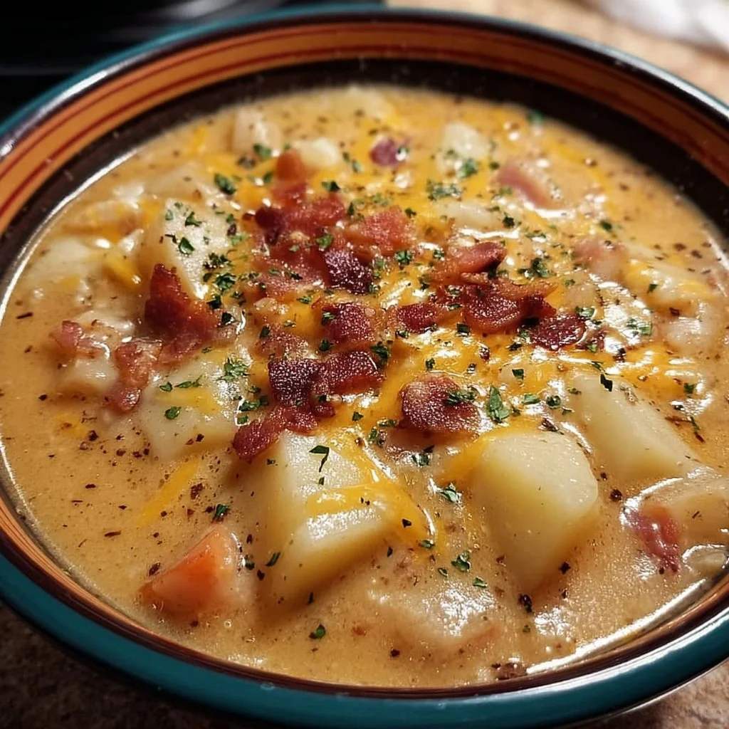 A bowl of creamy Crock Pot Crack Potato Soup topped with cheese and green onions