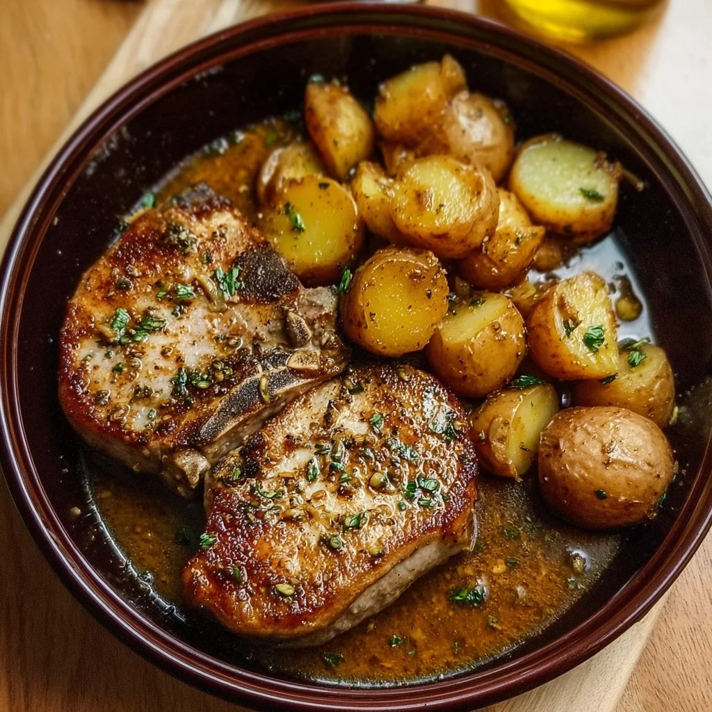 Delicious crock pot pork chops served with golden potatoes.