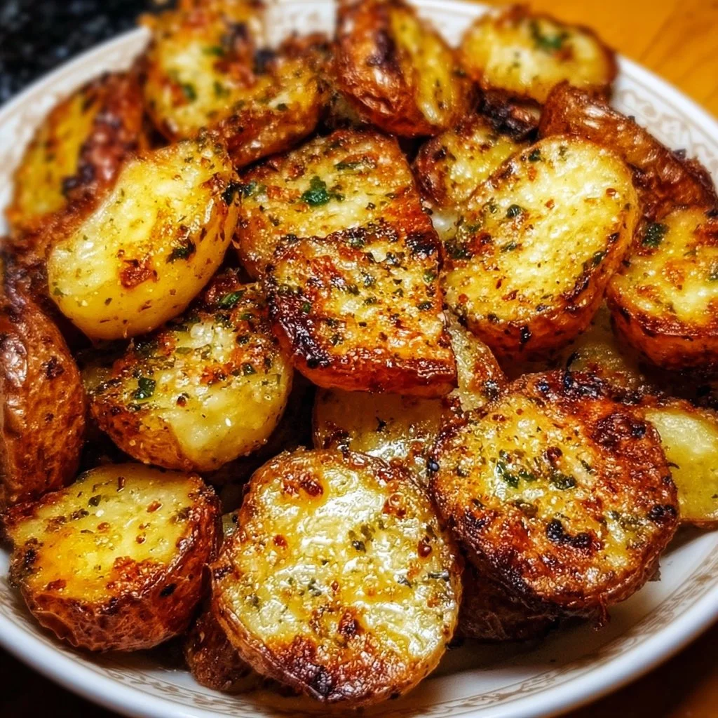 Bowl of crockpot Parmesan roasted potatoes garnished with herbs