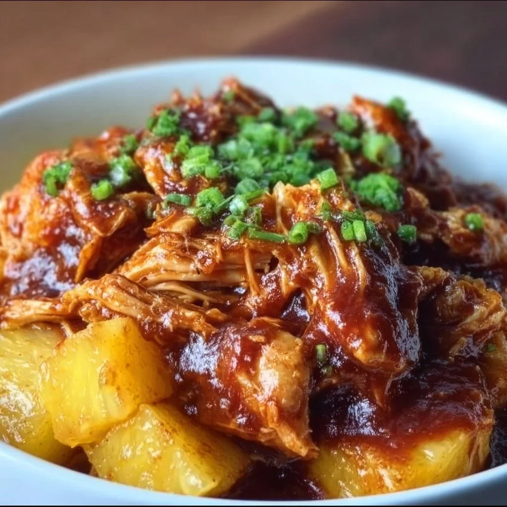 Crockpot Pineapple BBQ Chicken served with colorful vegetables on a plate