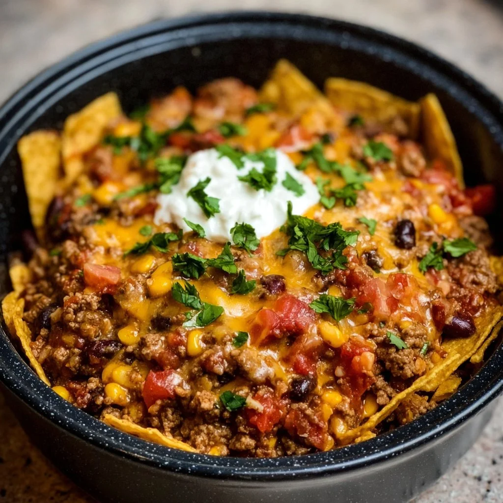 Delicious Crockpot Taco Casserole served in a dish.