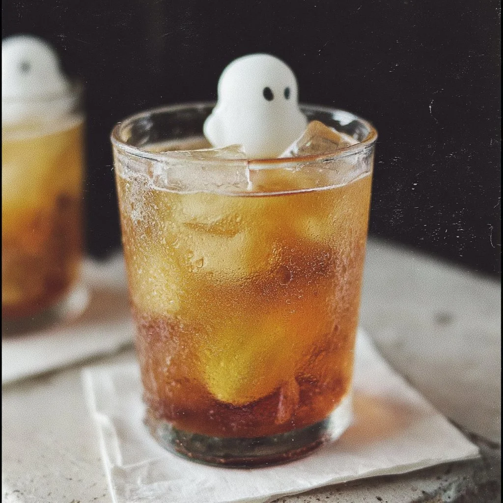 A spooky Drunk Ghost cocktail served in a glass with eerie garnishes.
