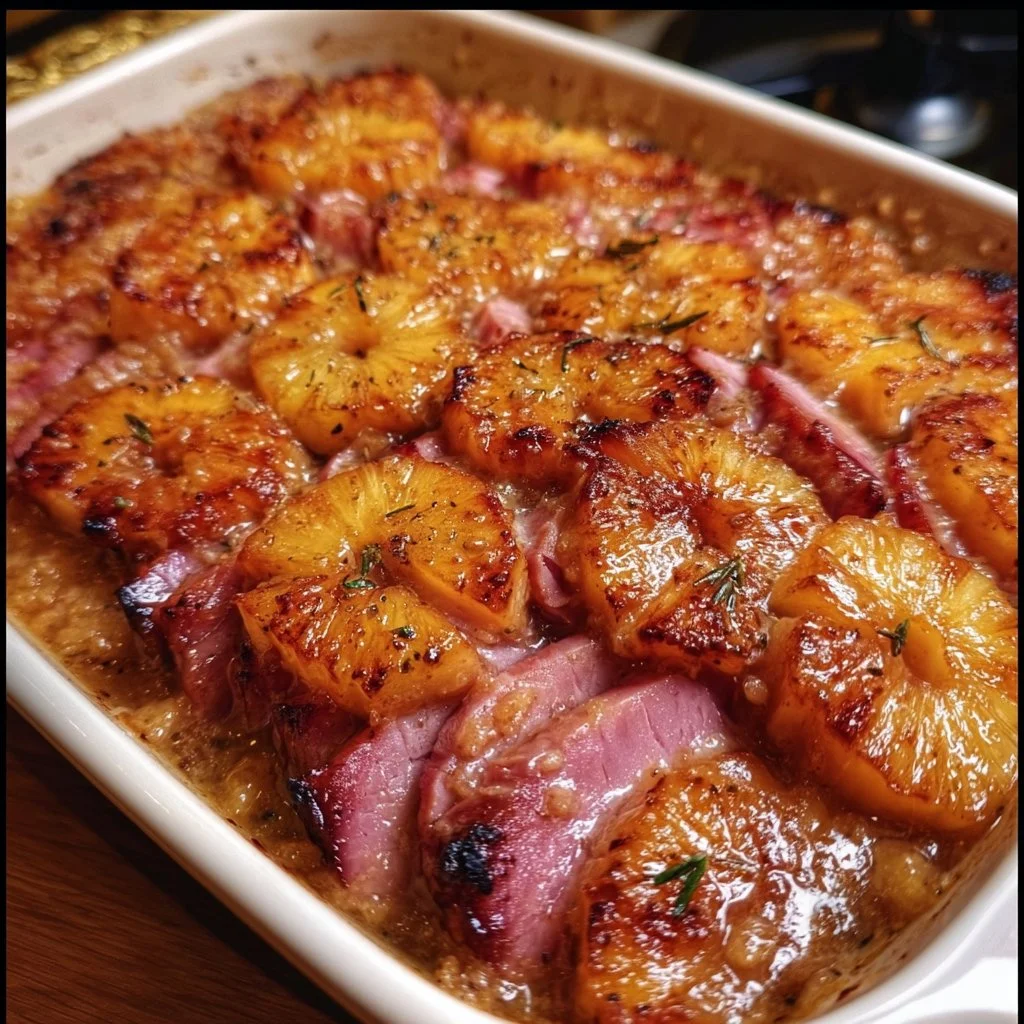 Easy brown sugar pineapple ham bake served on a festive table
