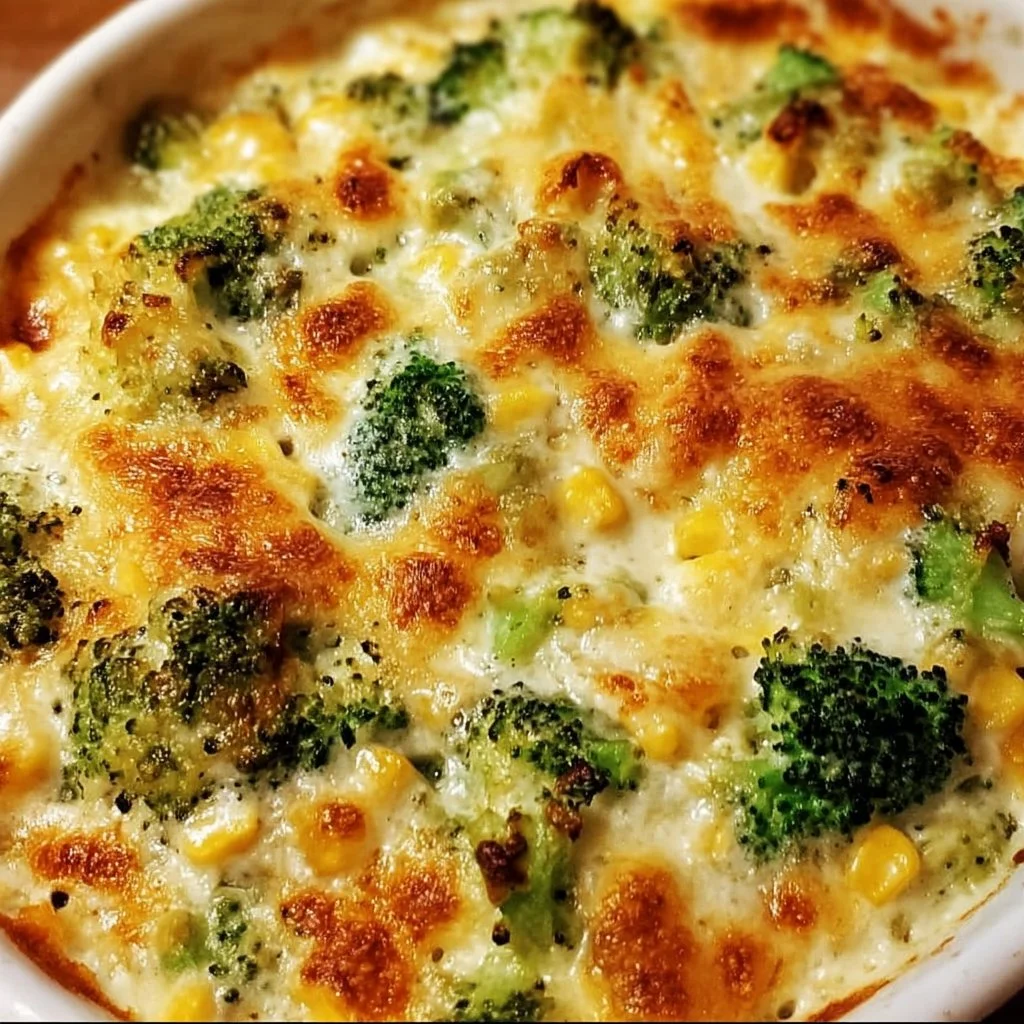 Delicious creamy broccoli cheese casserole in a baking dish