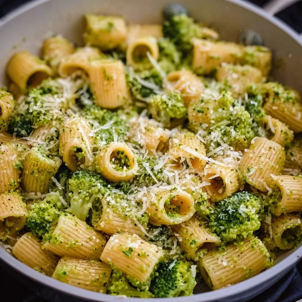 A plate of easy healthy broccoli pasta with vibrant green florets and pasta.