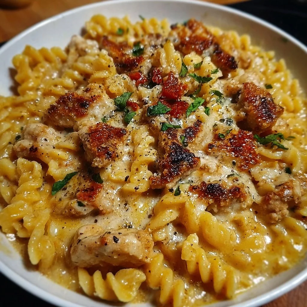 A plate of Easy Parmesan Chicken Pasta garnished with herbs