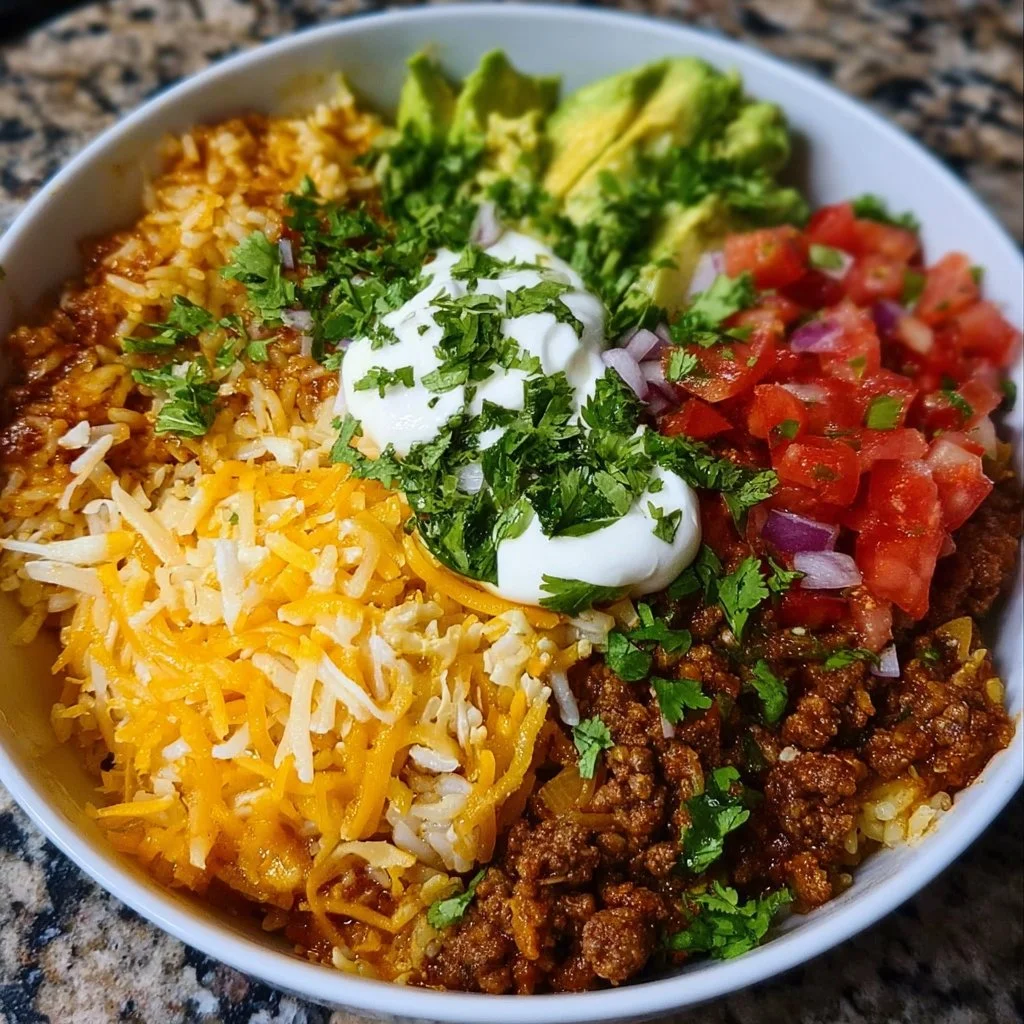 Delicious easy Taco Rice Bowl topped with fresh ingredients