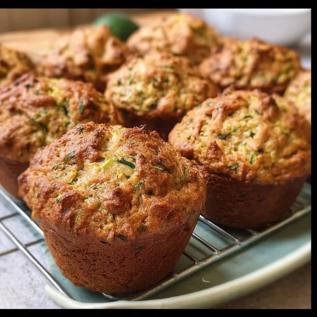Deliciously baked easy zucchini muffins on a wooden table