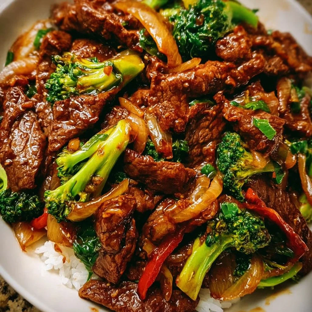 Flank steak stir fry with colorful vegetables and savory sauce