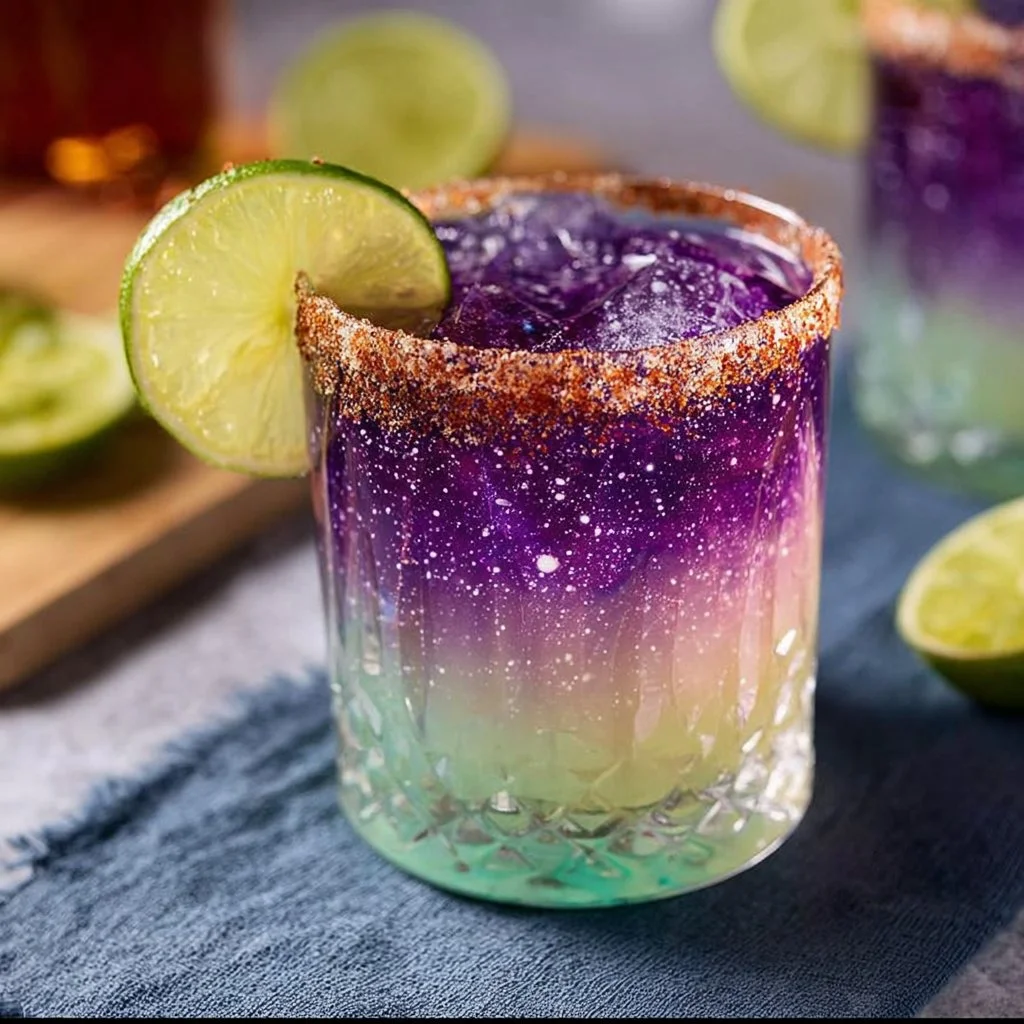 A vibrant and colorful Galaxy Margarita served in a glass, garnished with stars.