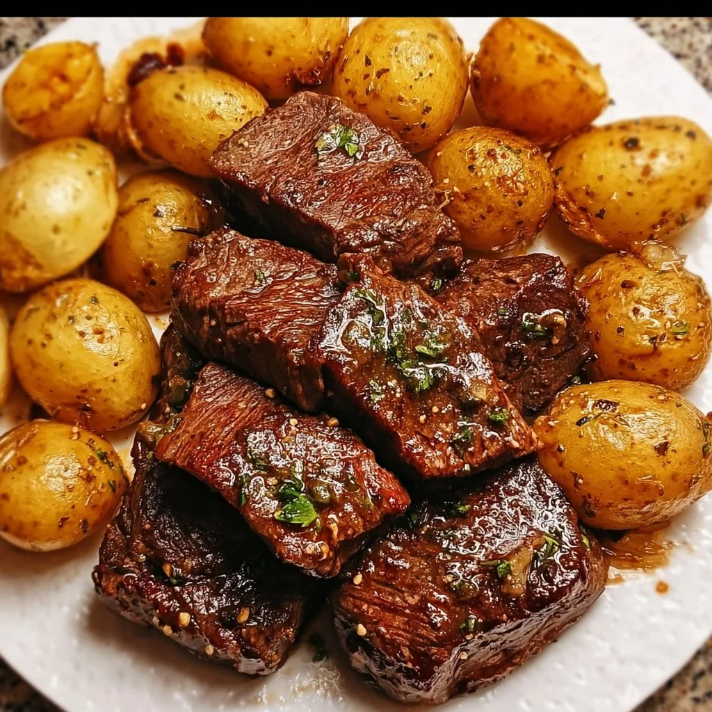 Delicious Garlic Herb Steak served with seasoned potatoes