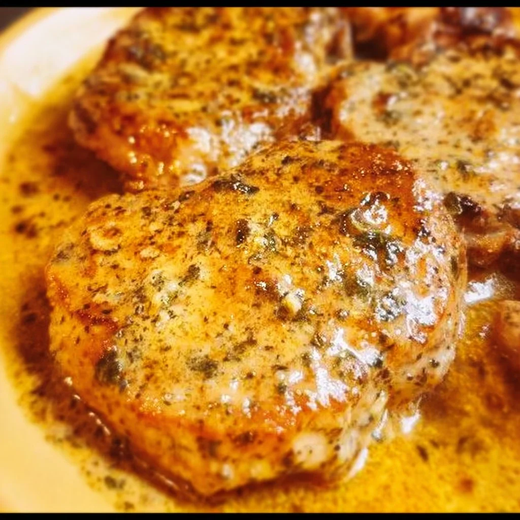 Delicious Garlic Parmesan Pork Chops garnished with herbs