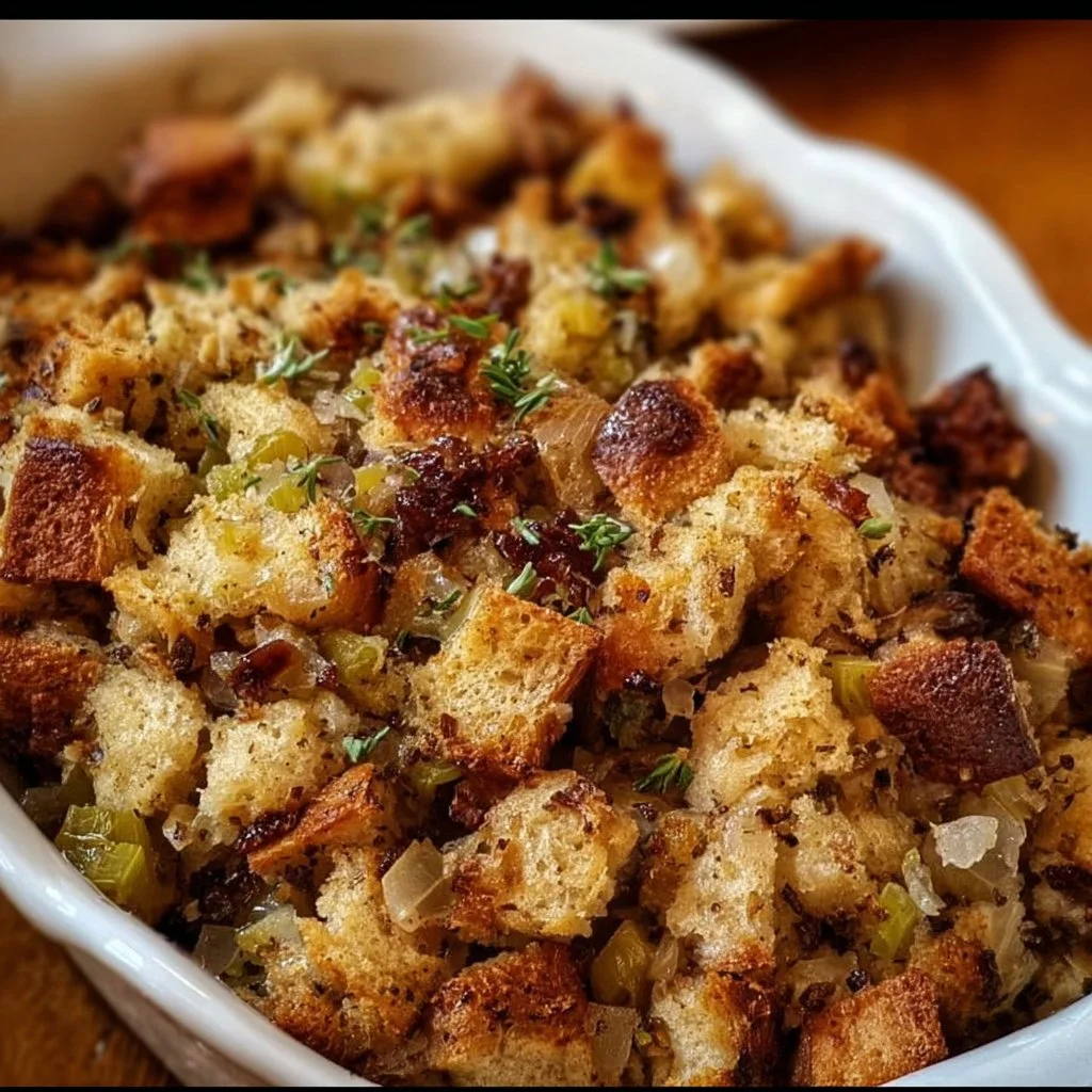 Delicious bowl of Grandma's Thanksgiving stuffing with herbs and spices.