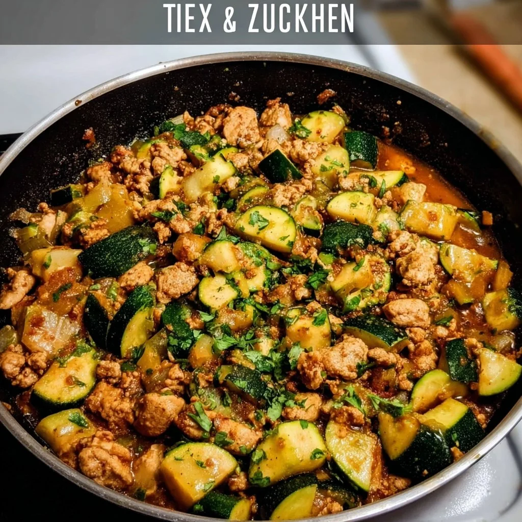 Ground turkey and zucchini skillet dish garnished on a plate