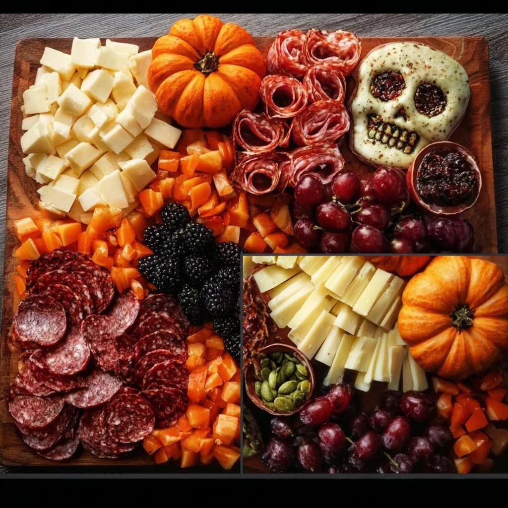 Spooky Halloween charcuterie board with themed snacks and decorations