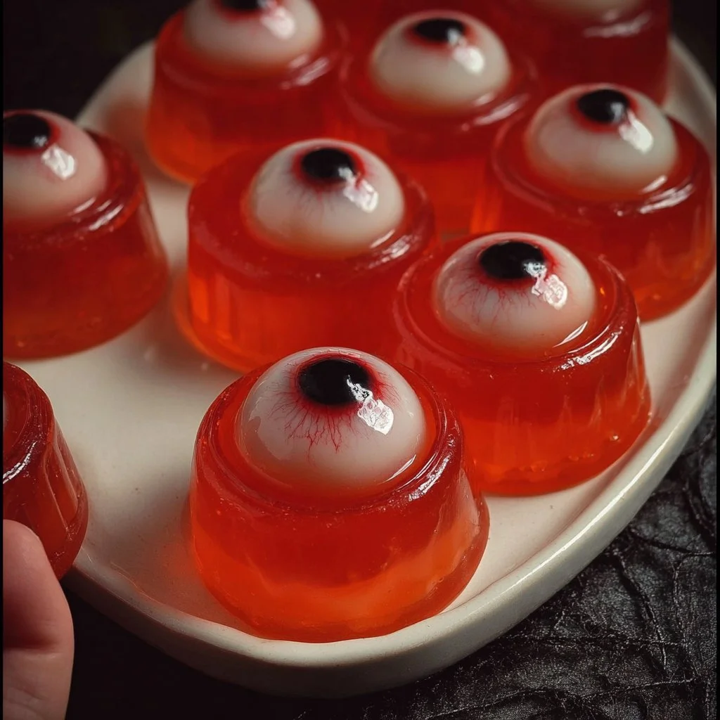 Spooky Halloween eyeball jello shots in a festive presentation.