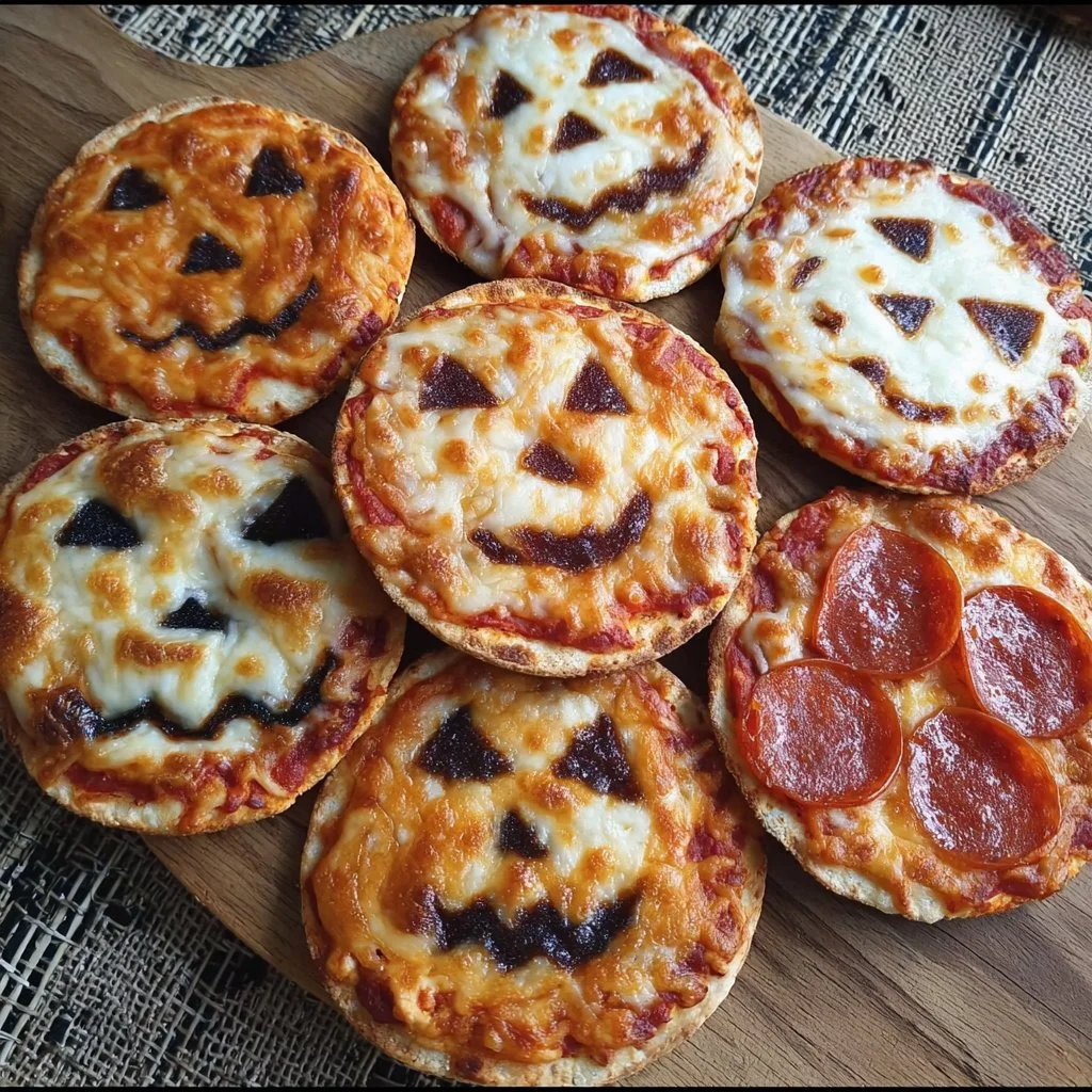 Delicious Halloween Mini Pizzas decorated for a spooky celebration