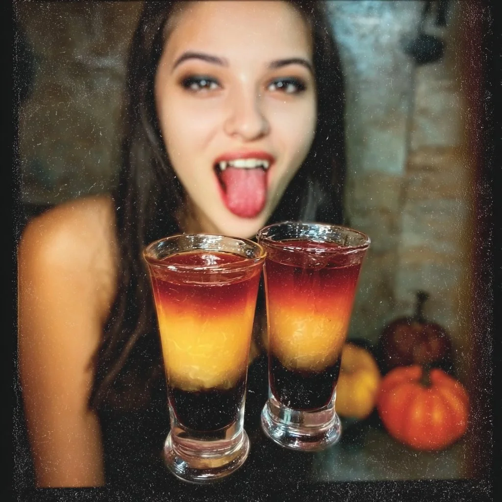 A spooky Halloween vampire shot served in a dark glass with red accents.