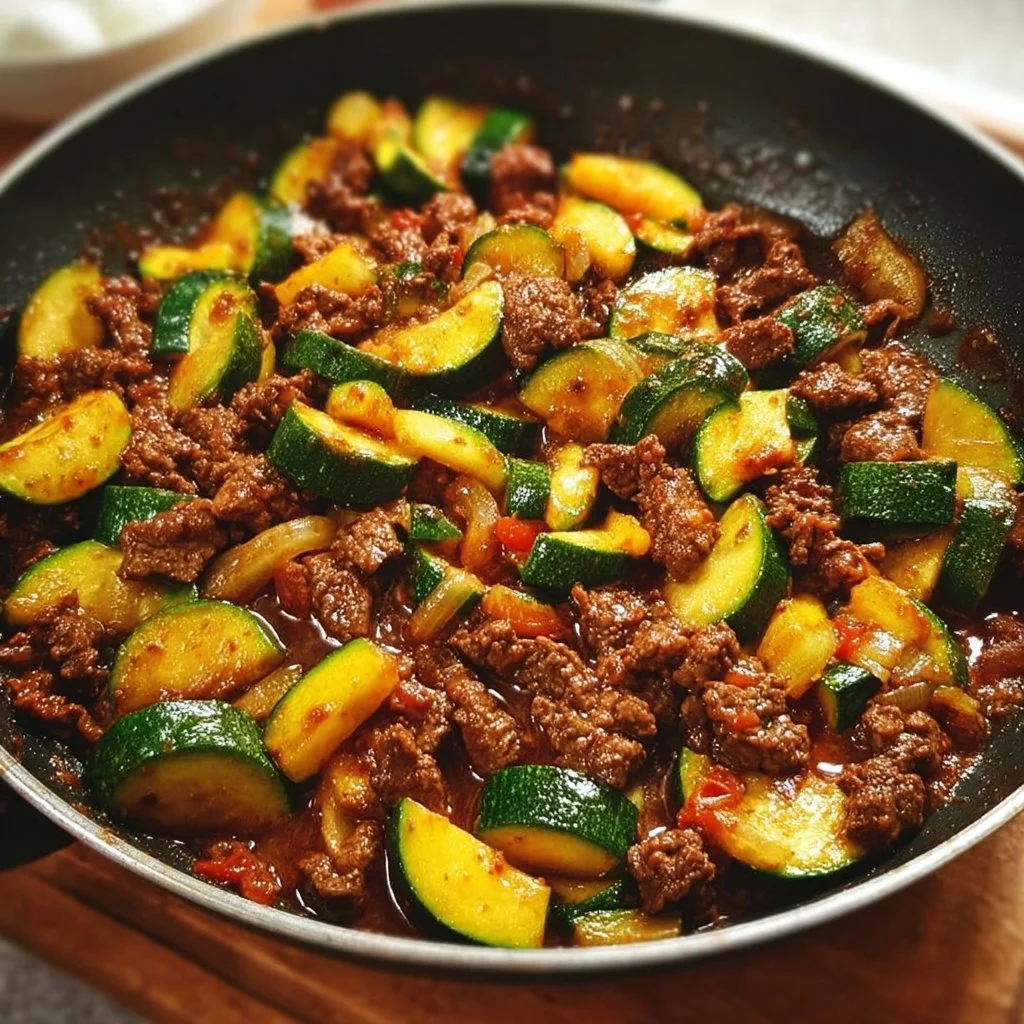 Healthy Zucchini Beef Stir-Fry with colorful vegetables in a bowl