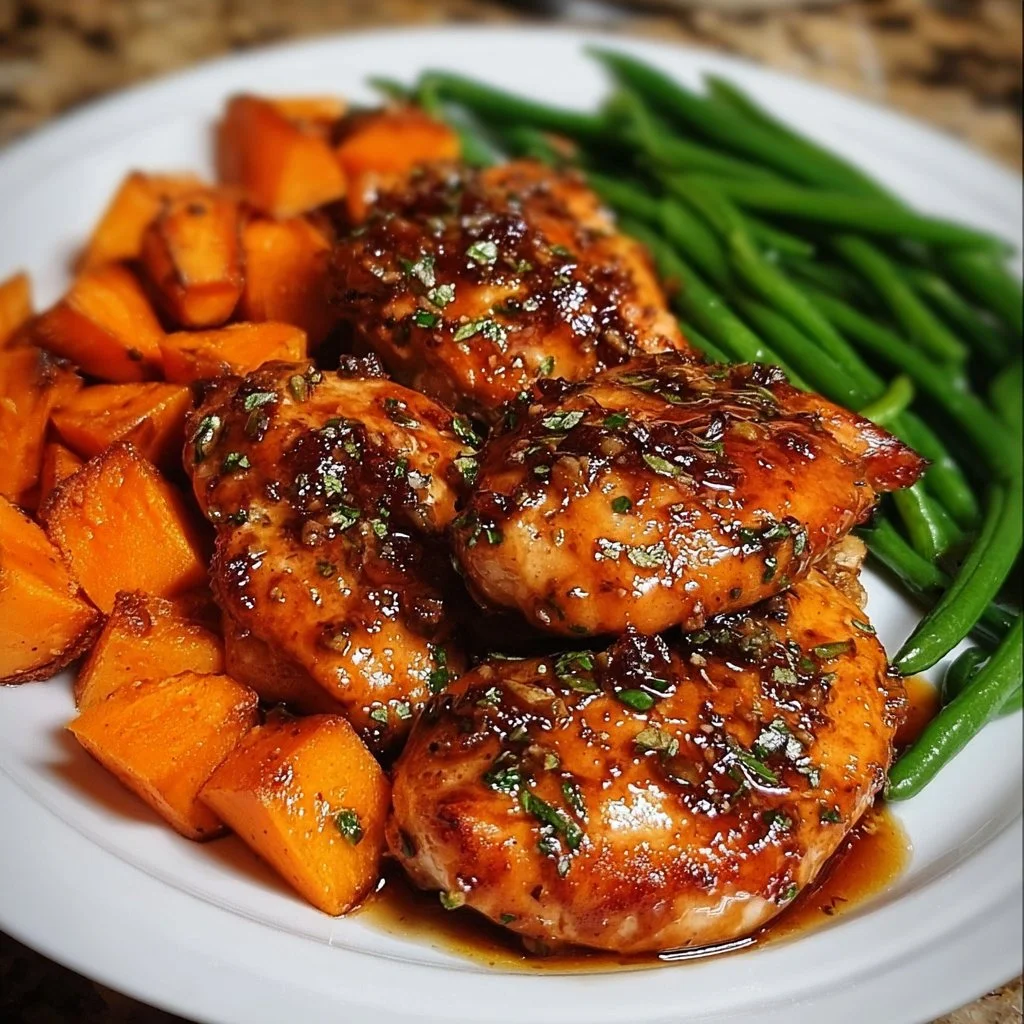 Honey Garlic Chicken served with sweet potatoes and green beans on a plate.