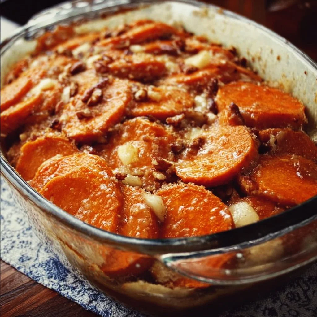Honey Glazed Sweet Potato and Apple Casserole dish on a wooden table