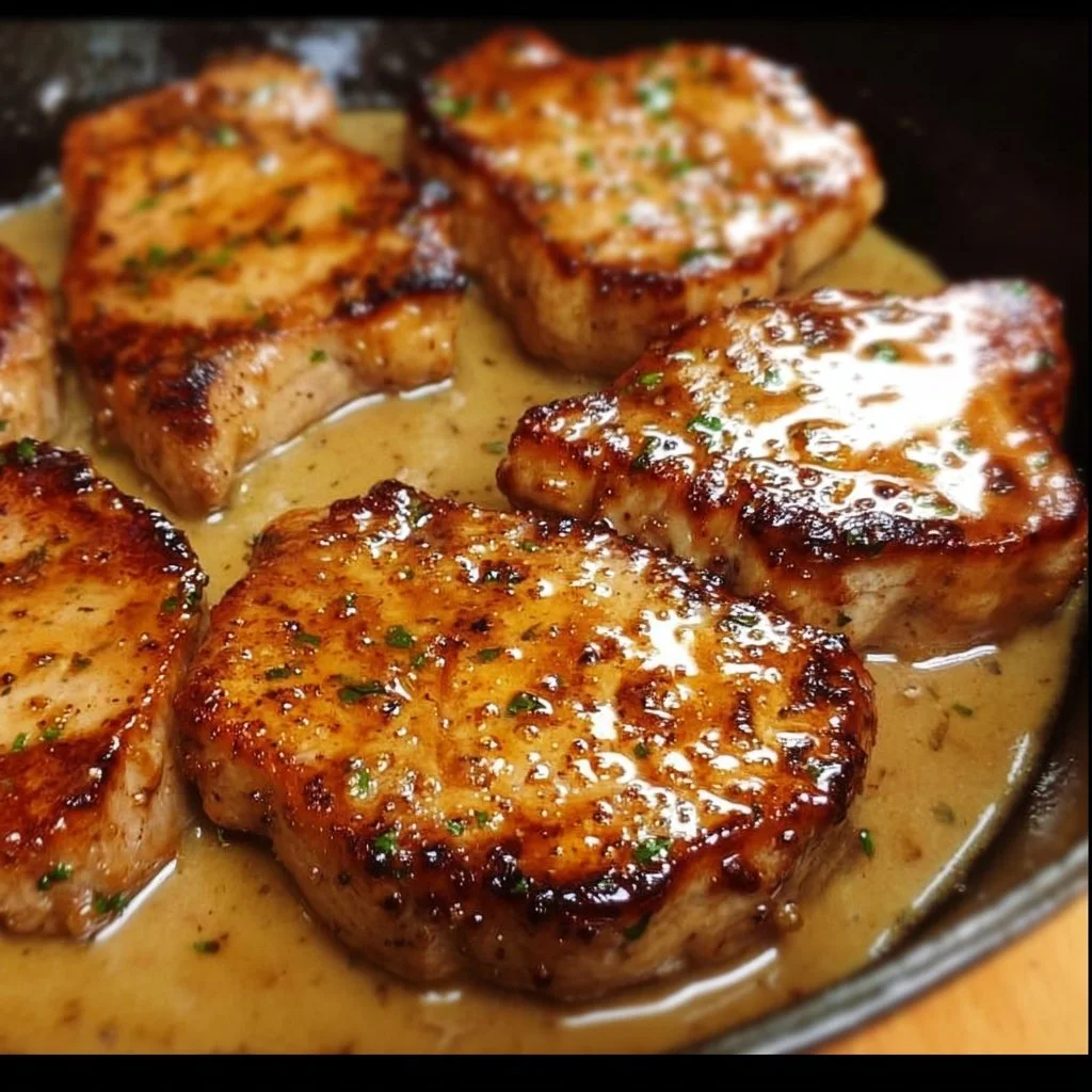 Honey soy glazed pork chops garnished with fresh herbs and served with sides