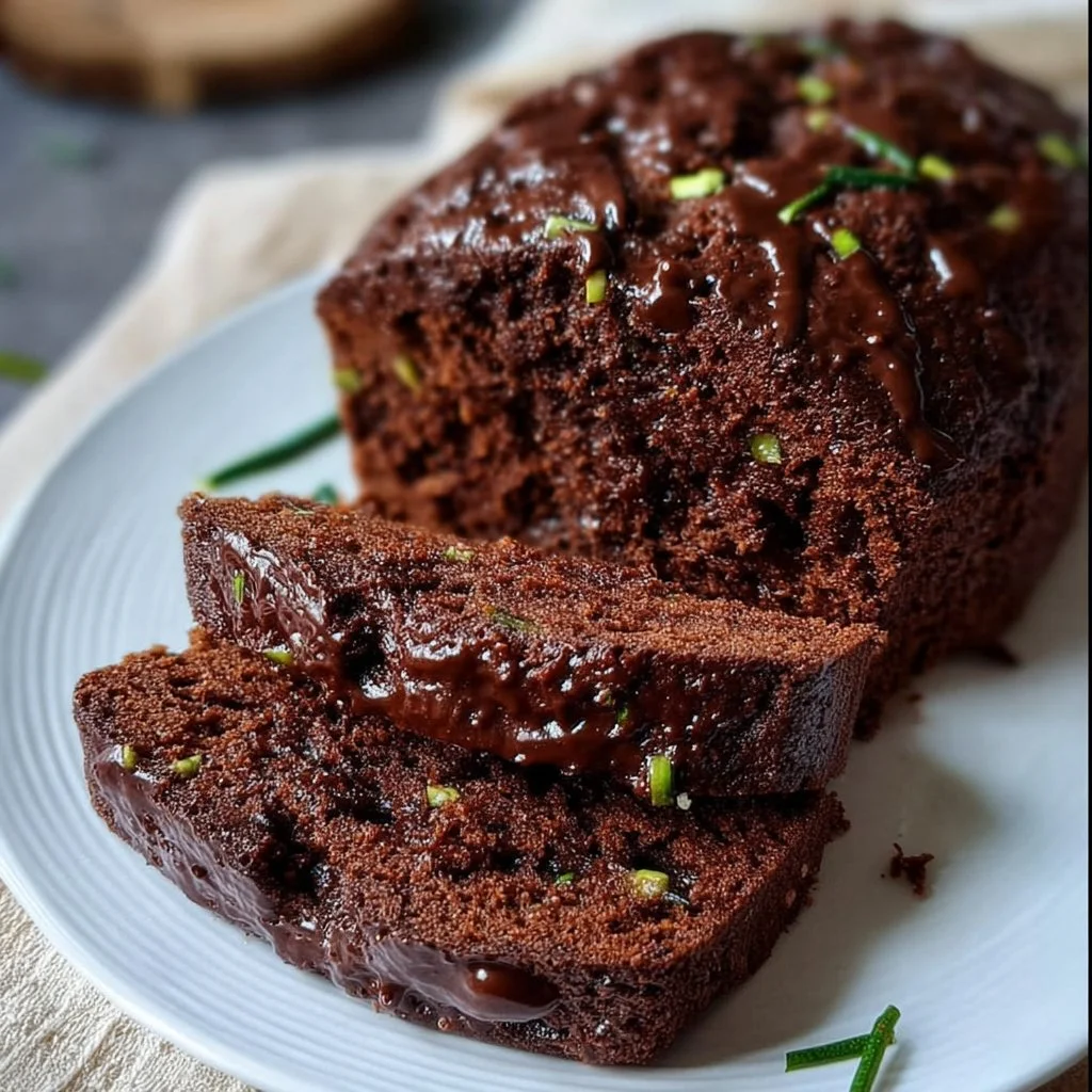 Delicious summer chocolate zucchini cake topped with fresh fruit