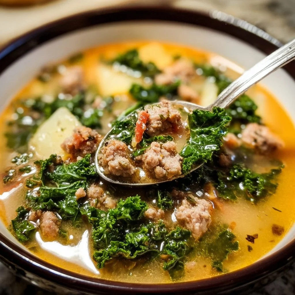 Bowl of Italian sausage and kale soup garnished with herbs