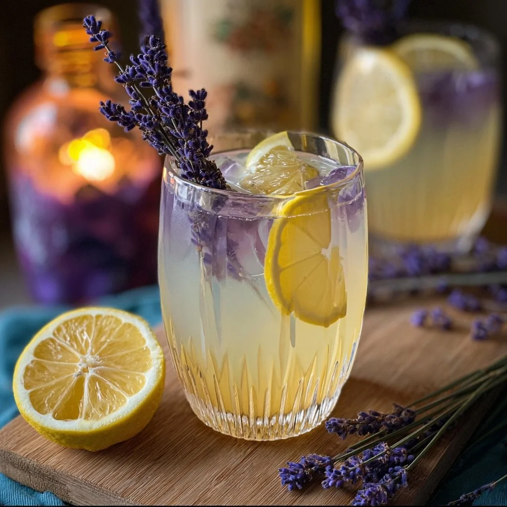 A refreshing Lavender Limoncello Spritz cocktail in a beautiful glass.