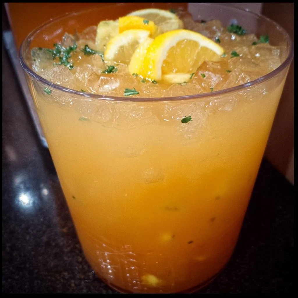 Refreshing Luau Punch in a tropical setting with colorful fruits and decorations.