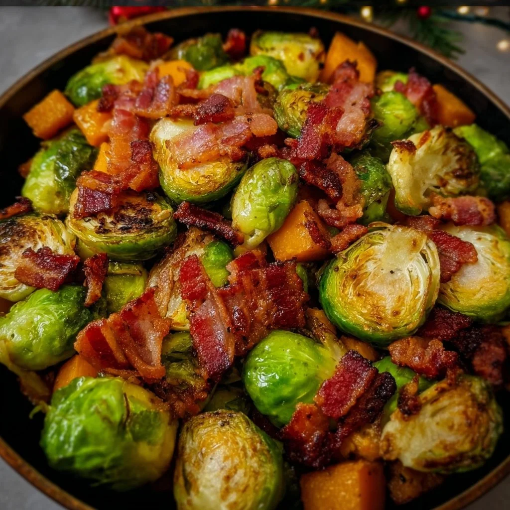 Maple-glazed Brussels sprouts with butternut squash and bacon in a skillet.