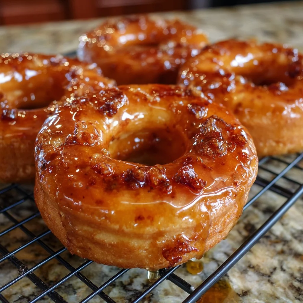 Delicious maple glazed donuts with a shiny maple syrup topping.