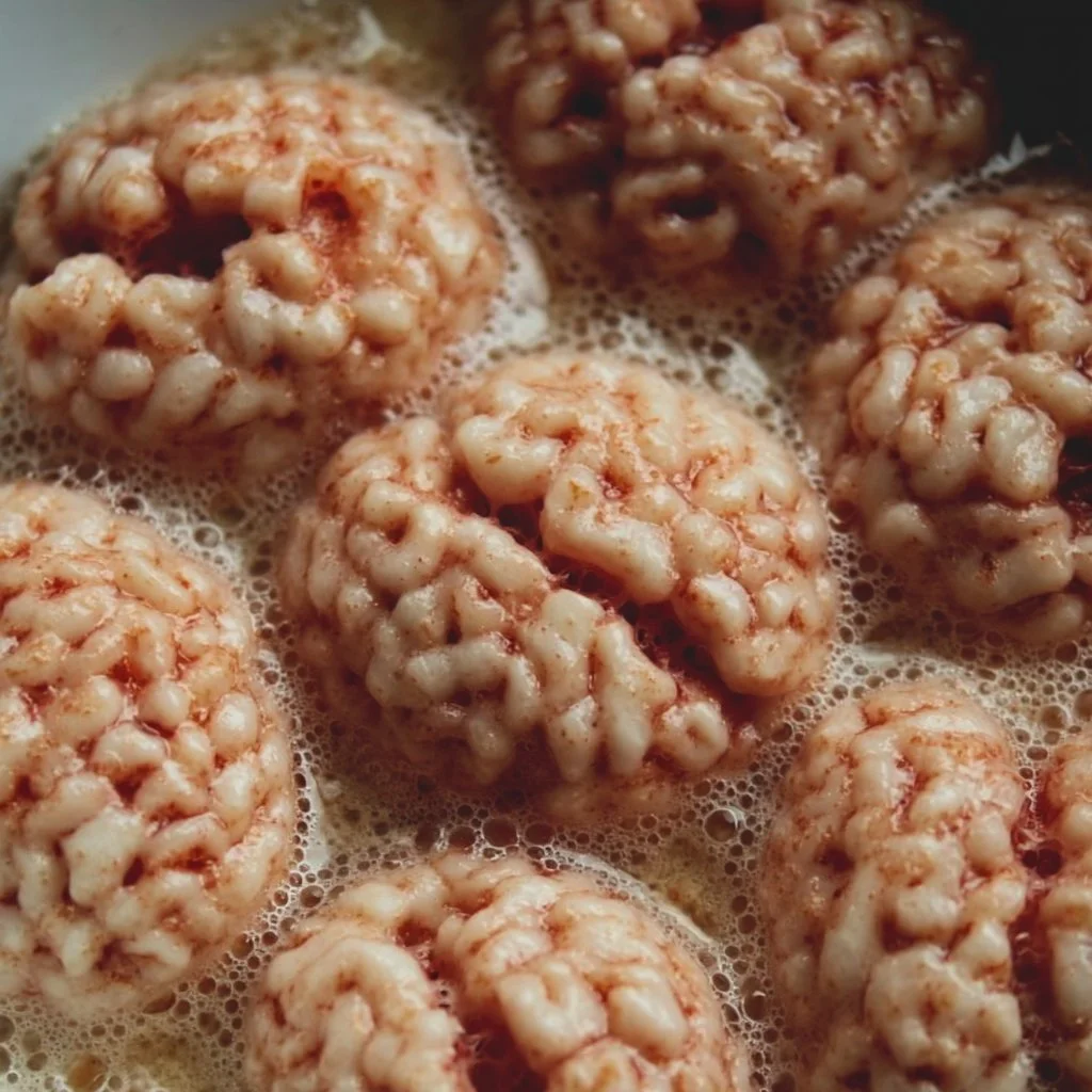 Spooky Marshmallow Rice Bubbles shaped like Halloween brains