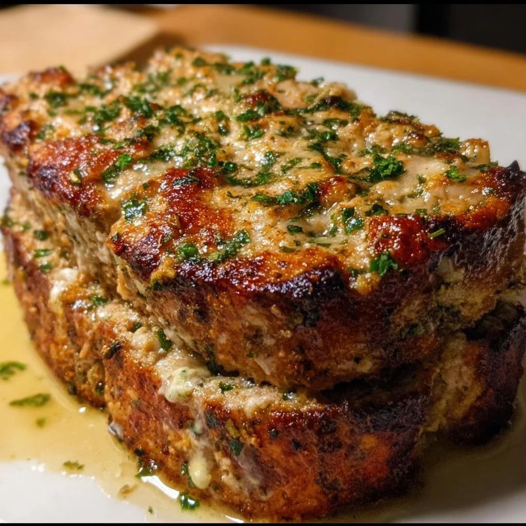 Delicious Garlic Parmesan Chicken Meatloaf served with herbs