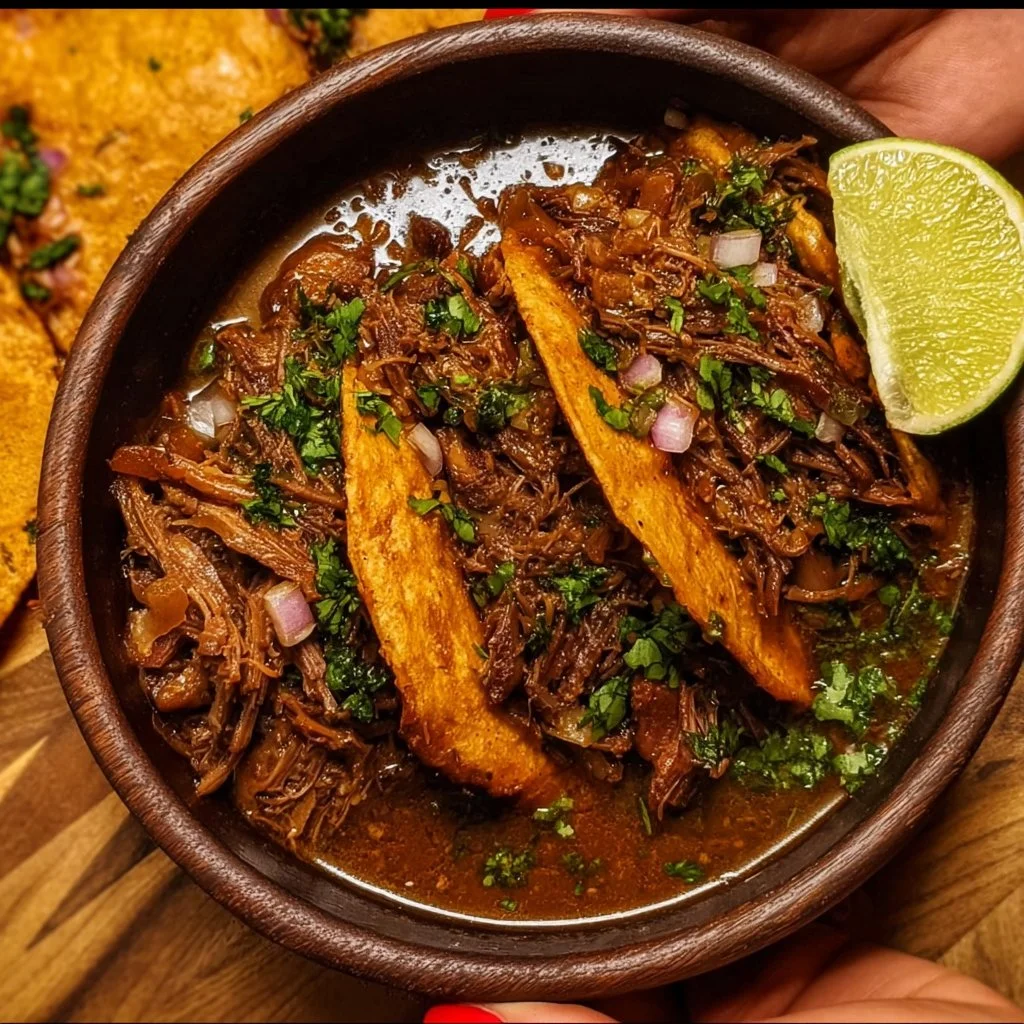 Delicious Mexican beef barbacoa served in a taco with fresh toppings
