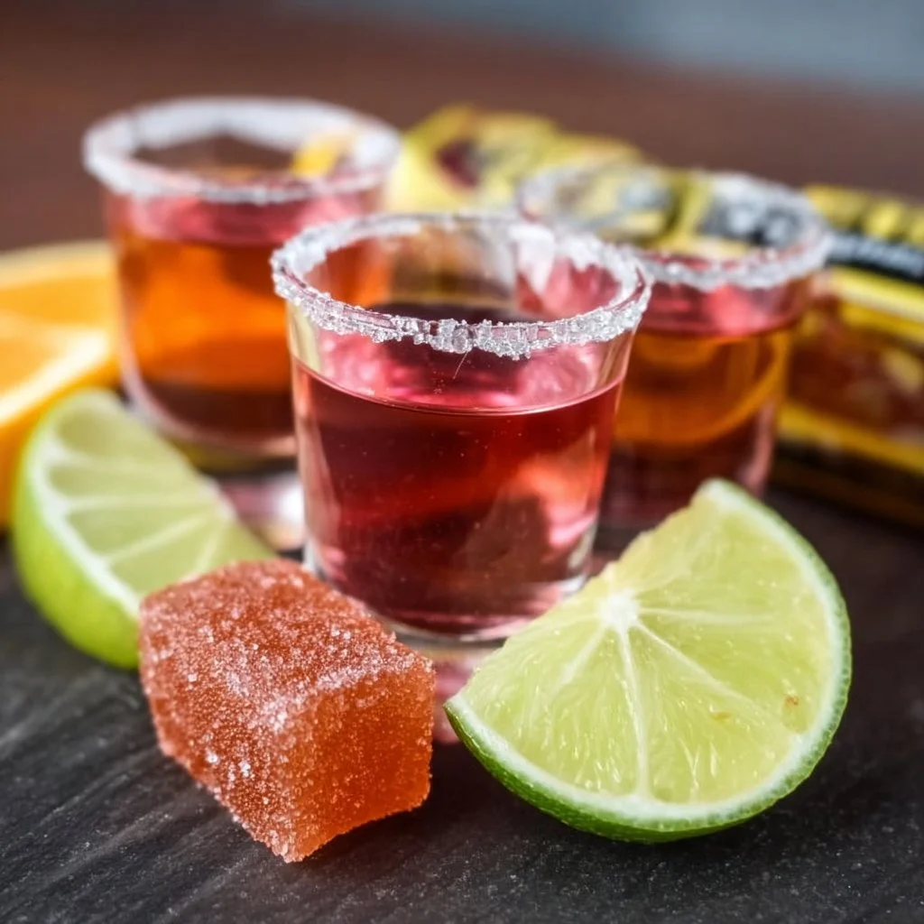 Colorful Mexican Candy Shot garnished with traditional sweets
