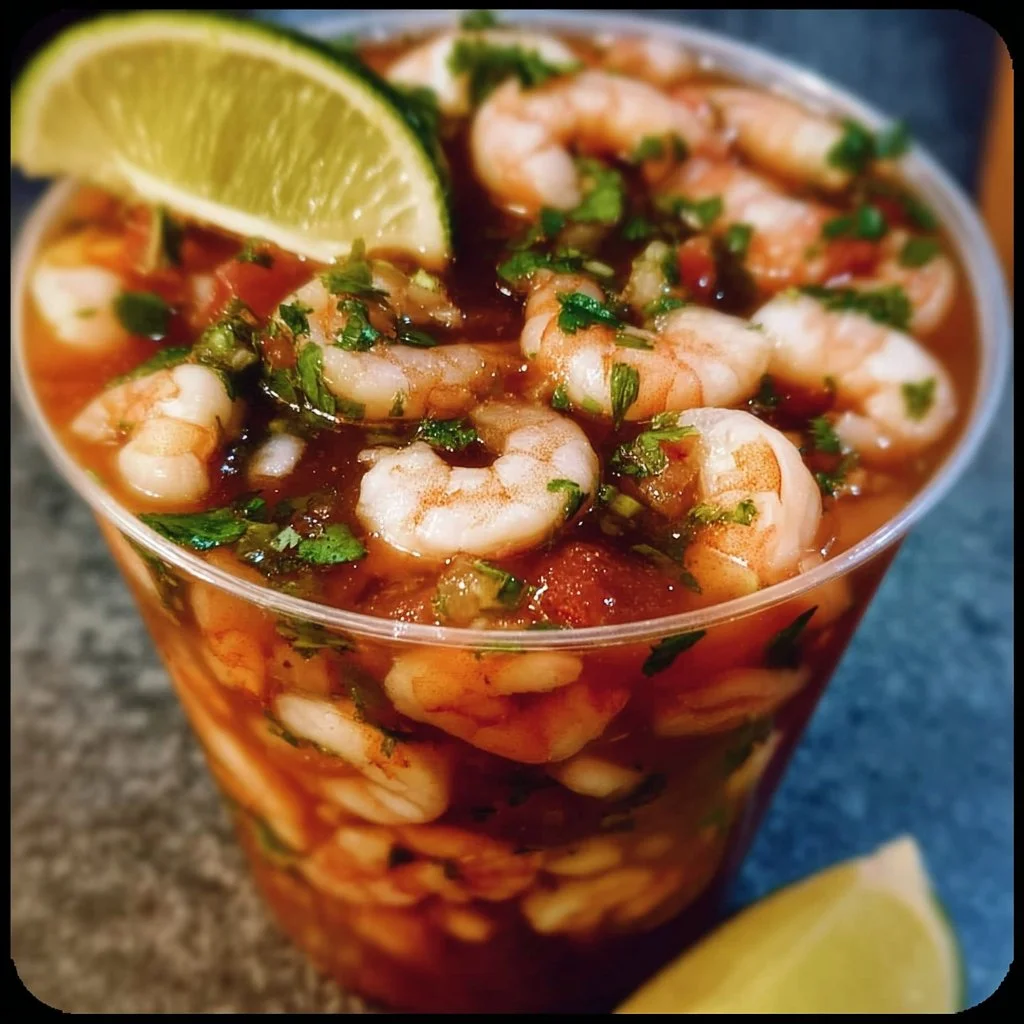 Delicious Mexican shrimp cocktail served with fresh vegetables and lime