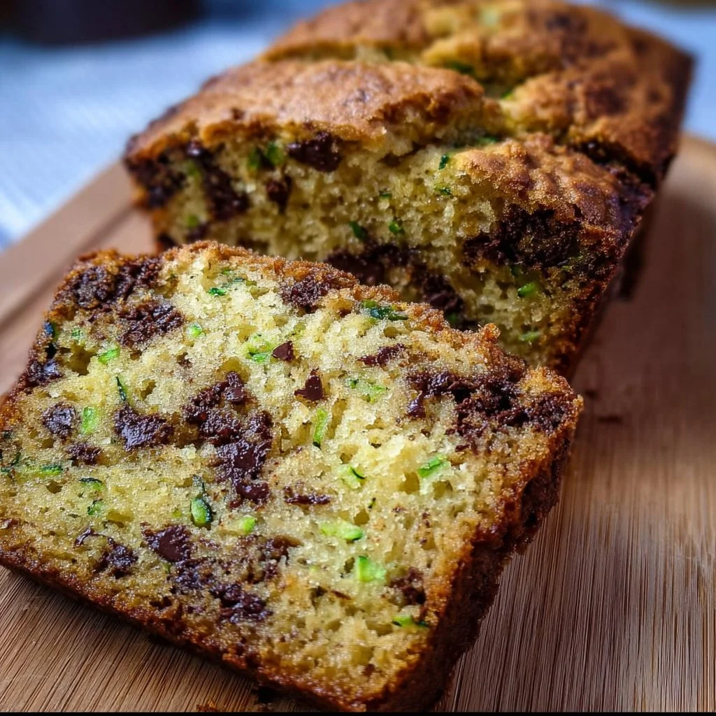 Moist chocolate chip zucchini bread with chocolate chips and green zucchini slices