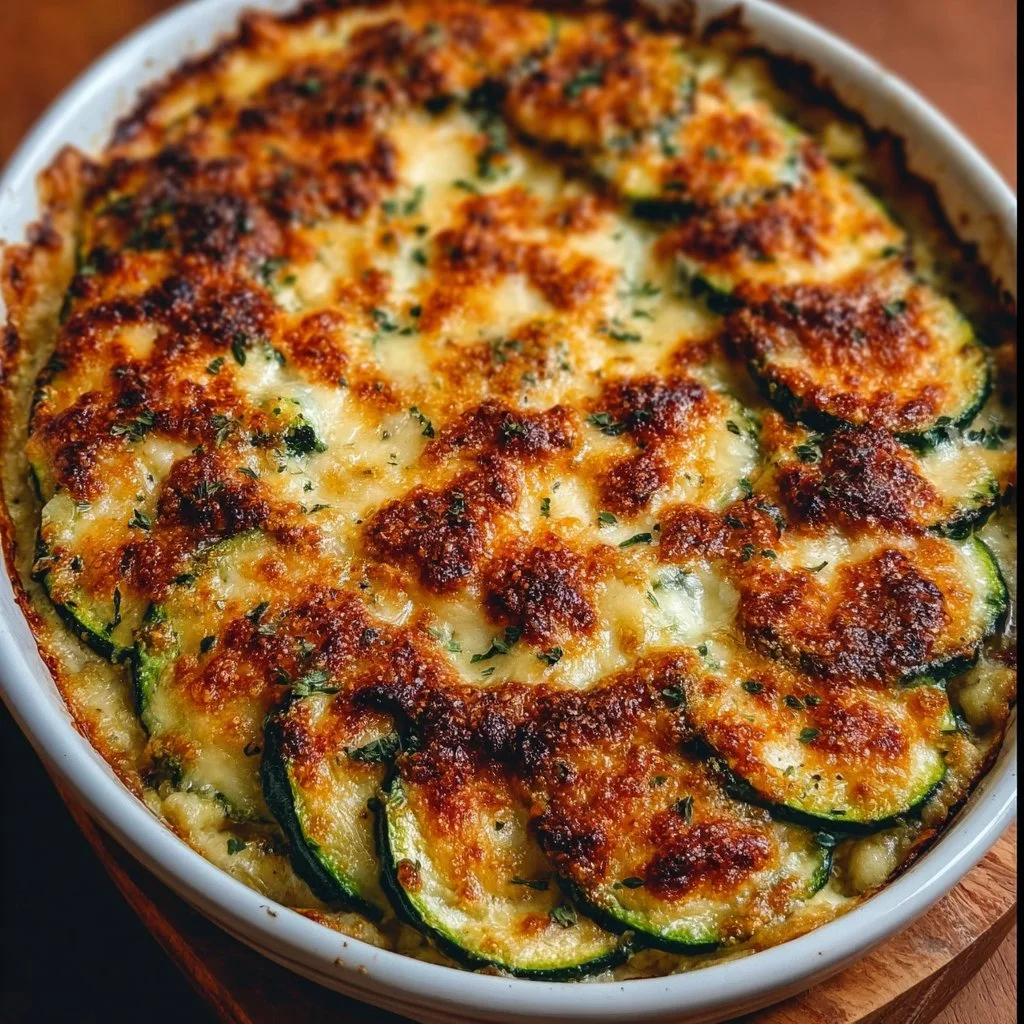 One Pan Baked Zucchini Cheese dish, showcasing melted cheese and fresh zucchini