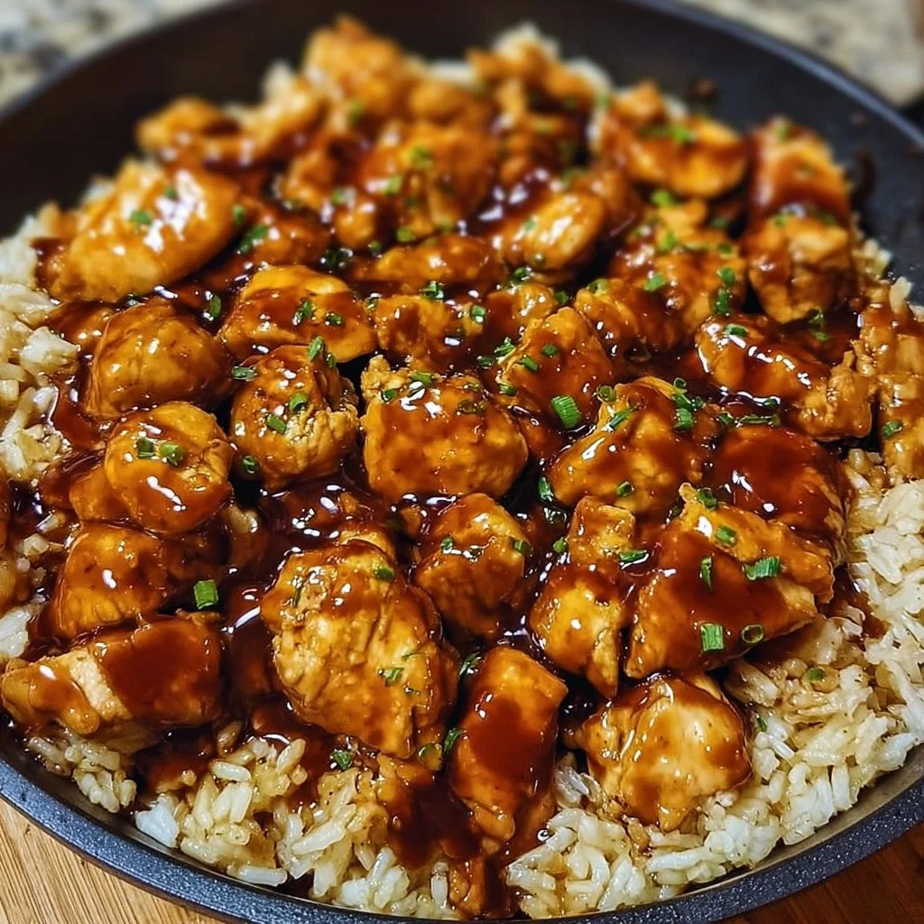One-Skillet Honey BBQ Chicken served with rice in a skillet