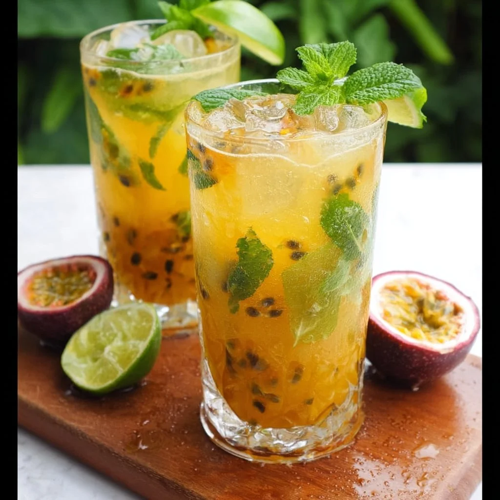 Refreshing Passion Fruit Mojito cocktail with mint and lime garnish