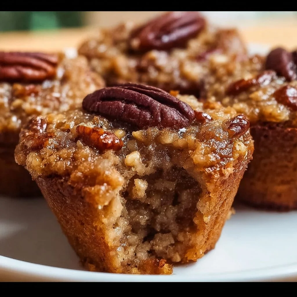 Delicious pecan pie muffins topped with crunchy pecans and caramel glaze