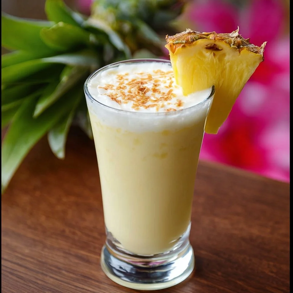 Colorful Pina Colada Shot served with a pineapple slice and cherry garnish.