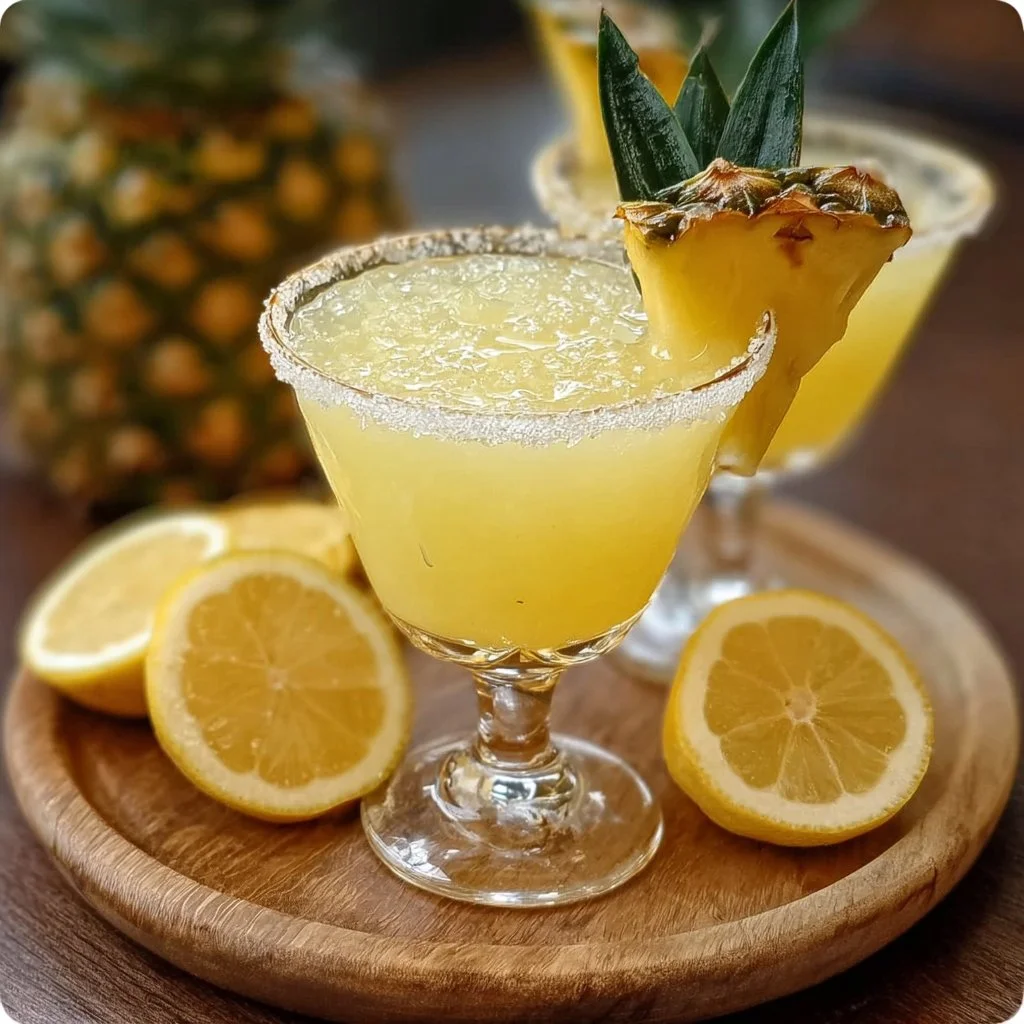 A refreshing Pineapple Lemon Drop cocktail with pineapple and lemon garnishes.