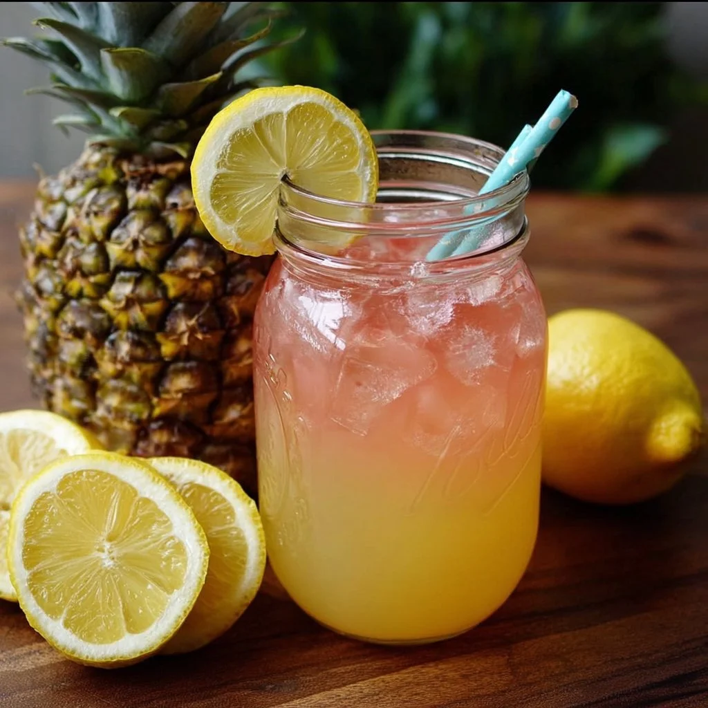 Chilled Pineapple Lemonade Punch in a glass with fresh fruit garnishes