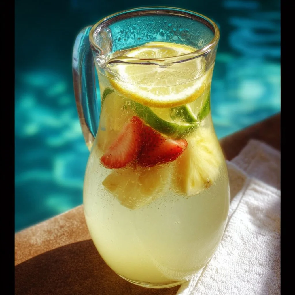 A refreshing glass of pineapple strawberry lemonade with fresh fruits